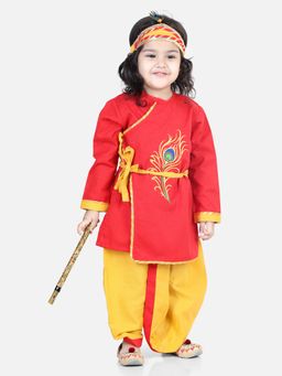 BownBee - Cotton Embroidered Kanhaiya Dhoti Kurta Mukut for Boys - Red (Set of 5)