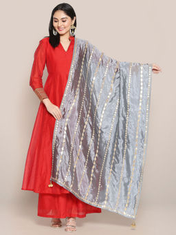 Dupatta Bazaar - Womens Grey Silk Dupatta with Gotta Patti Work