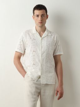Selected - Off-White Broderie Detail Short Sleeves Shirt