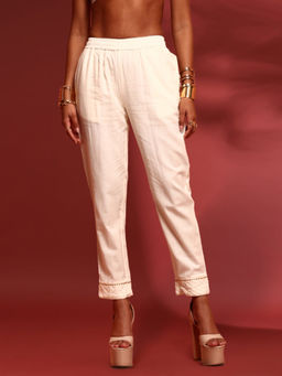 Abhishti - Off White Pin Tuck Detail Straight Pant