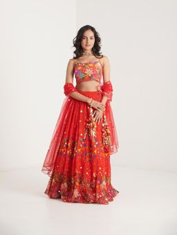 Blushing Couture by Shafali - Orange Printed Lehenga with Blouse and Dupatta (Set of 3)
