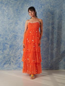Blushing Couture by Shafali - Orange Embellished Maxi Dress