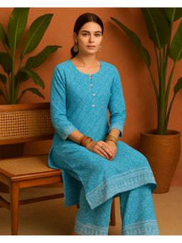 FashionTownie - Cotton Blend Blue Round Neck Kurta with Pant