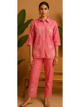 FashionTownie - Cotton Blend Pink Collar Co-ord Set