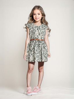 Lil Lollipop - Girls Printed Cotton Frock with Belt - Green (Set of 2)