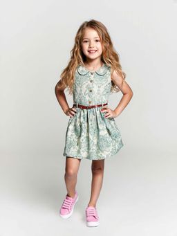 Lil Lollipop - Girls Printed Cotton Frock with Belt - Green (Set of 2)