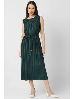 Van Heusen - Women Green Stripes Calf-Length Casual Dress with Belt (Set of 2)