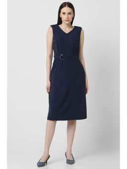 Van Heusen - Women Navy Solid Knee Length Formal Dress with Belt (Set of 2)