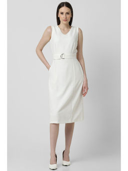 Van Heusen - Women White Solid Knee Length Formal Dress with Belt (Set of 2)