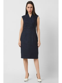 Van Heusen - Women Navy Blue Check Knee Length Formal Dress