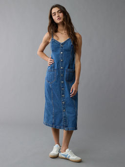 American Eagle - Women Blue Denim Button-Up Midi Dress