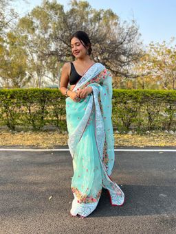 Odette - Sky Blue Organza Embroidered Saree with Unstitched Blouse