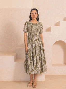 Polago Clothing - Green Tropical Smocked Midi Dress