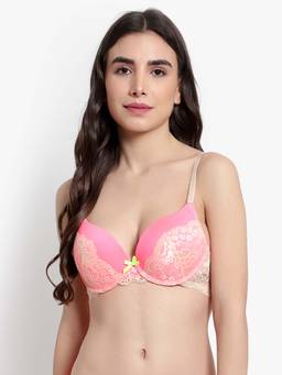 BRACHY - Womens Pink Self Design Underwired Heavily Padded Push-Up Plunge Bra