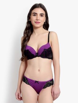 BRACHY - Womens Purple Underwired Heavily Padded Push-Up Plunge Bra & Panty (Set of 2)