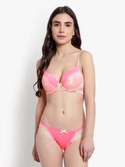 BRACHY - Womens Peach Underwired Heavily Padded Push-Up Plunge Bra & Panty (Set of 2)