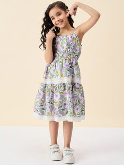 Stylo Bug - Girls Flower Print Knee Length Casual Wear Dress Grey