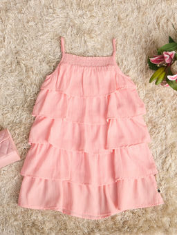 Stylo Bug - Girls Solid Knee Length Flared Party Wear Dress Peach