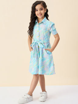 Stylo Bug - Girls Knee Length Casual Wear Dress with Belt Turquoise (Set of 2)