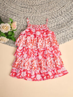Stylo Bug - Girls Flower Print Knee Length Flared Casual Wear Dress Red