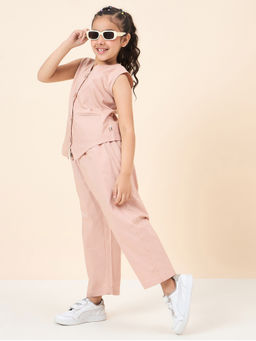 StyloBug - Girls Flower Solid Casual Wear Top & Pants Peach (Set of 2)