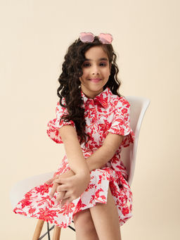 Stylo Bug - Girls Flower Print Knee Length Casual Dress with Belt Red (Set of 2)