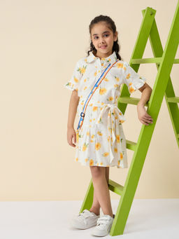 Stylo Bug - Girls Flower Print Knee Length Casual Dress with Belt White (Set of 2)