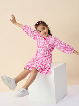 Stylo Bug - Girls Printed Knee Length A-Line Casual Wear Dress Pink