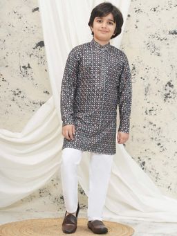 AJ Dezines - Grey Cotton Blend Full Sleeves Sequined Kurta & Pyjama (Set of 2)