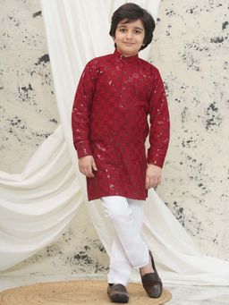 AJ Dezines - Maroon Chikankari Full Sleeves Sequined Kurta & Pyjama (Set of 2)