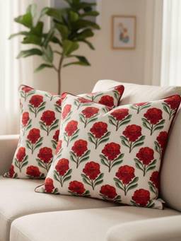 TARA SPARKLING HOMES - Red Floral Embroidered Cushion Cover (Pack of 2)