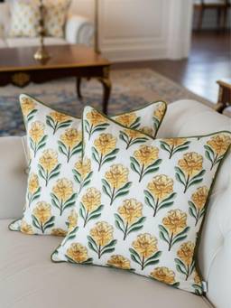 TARA SPARKLING HOMES - Yellow Floral Embroidered Cushion Cover (Pack of 2)