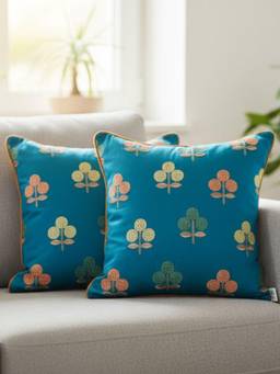 TARA SPARKLING HOMES - Blue Floral Embroidered Cushion Cover (Pack of 2)