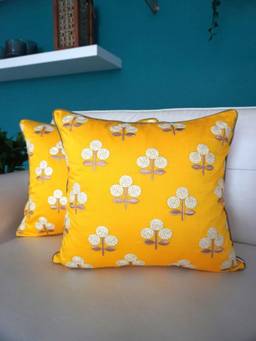 TARA SPARKLING HOMES - Yellow Floral Embroidered Cushion Cover (Pack of 2)
