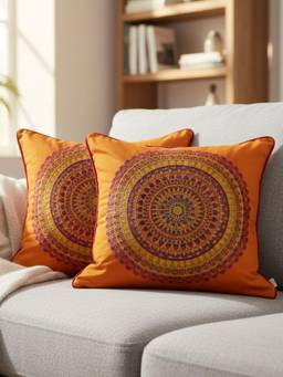 TARA SPARKLING HOMES - Orange Embroidered Cushion Cover (Pack of 2)
