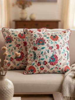 TARA SPARKLING HOMES - Cream Pink Floral Embroidered Cushion Cover (Pack of 2)