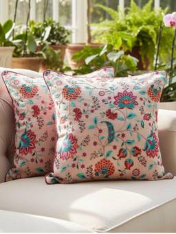 TARA SPARKLING HOMES - Peach Pink Floral Embroidered Cushion Cover (Pack of 2)