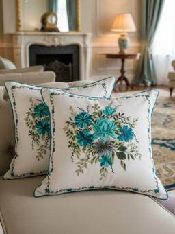 TARA SPARKLING HOMES - Blue Floral Embroidered Cushion Cover (Pack of 2)