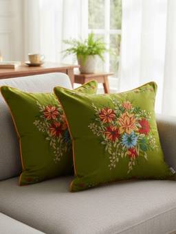 TARA SPARKLING HOMES - Green Floral Embroidered Cushion Cover (Pack of 2)