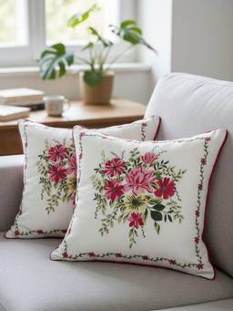 TARA SPARKLING HOMES - Pink Floral Embroidered Cushion Cover (Pack of 2)