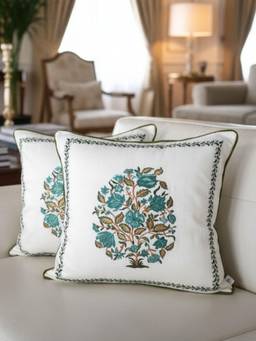 TARA SPARKLING HOMES - Blue Floral Embroidered Cushion Cover (Pack of 2)