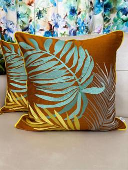 TARA SPARKLING HOMES - Brown Floral Embroidered Cushion Cover (Pack of 2)