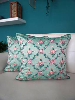 TARA SPARKLING HOMES - Sage Green Floral Embroidered Cushion Cover (Pack of 2)