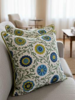 TARA SPARKLING HOMES - Blue Green Floral Embroidered Cushion Cover (Pack of 2)