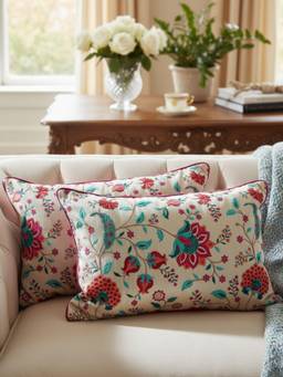 TARA SPARKLING HOMES - Cream Pink Floral Embroidered Cushion Cover (Pack of 2) (12 x 18 Inches)