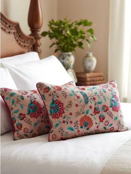 TARA SPARKLING HOMES - Peach Pink Floral Embroidered Cushion Cover (Pack of 2) (12 x 18 Inches)
