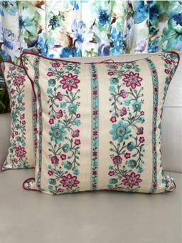 TARA SPARKLING HOMES - Cream Pink Floral Embroidered Cushion Cover (Pack of 2) (16 x 16 Inches)
