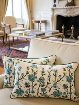 TARA SPARKLING HOMES - Blue Floral Embroidered Cushion Cover (Pack of 2) (12 x 18 Inches)