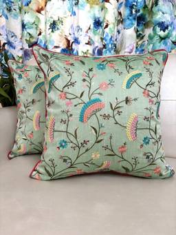 TARA SPARKLING HOMES - Sage Green Floral Embroidered Cushion Cover (Pack of 2)