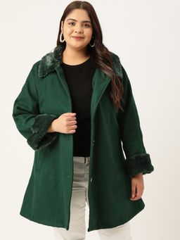 theRebelinme - Women Green Solid Color Spread Collar with Fur Detail Longline Overcoat